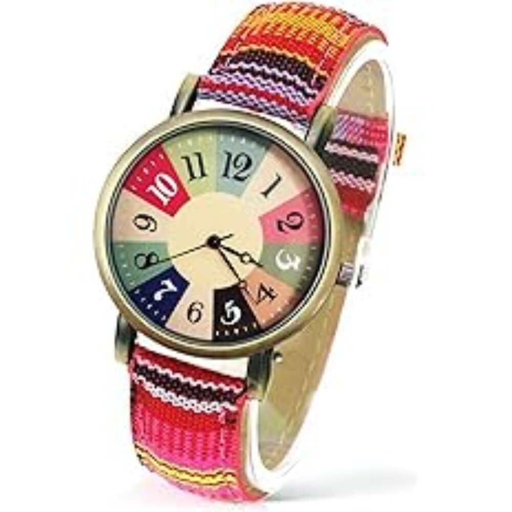 NEW!  Women - Boho Hippie Large Surface Watches, PU Leather Woven Rainbow Watch